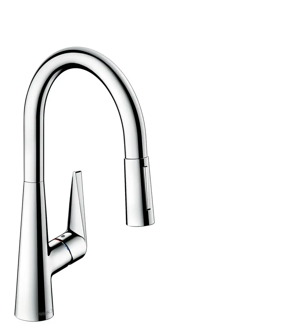 Küchenmischer mit Ausziehbrause und zwei Strahlarten. Das Design ist in Chrom gehalten. Von der Marke Hansgrohe.